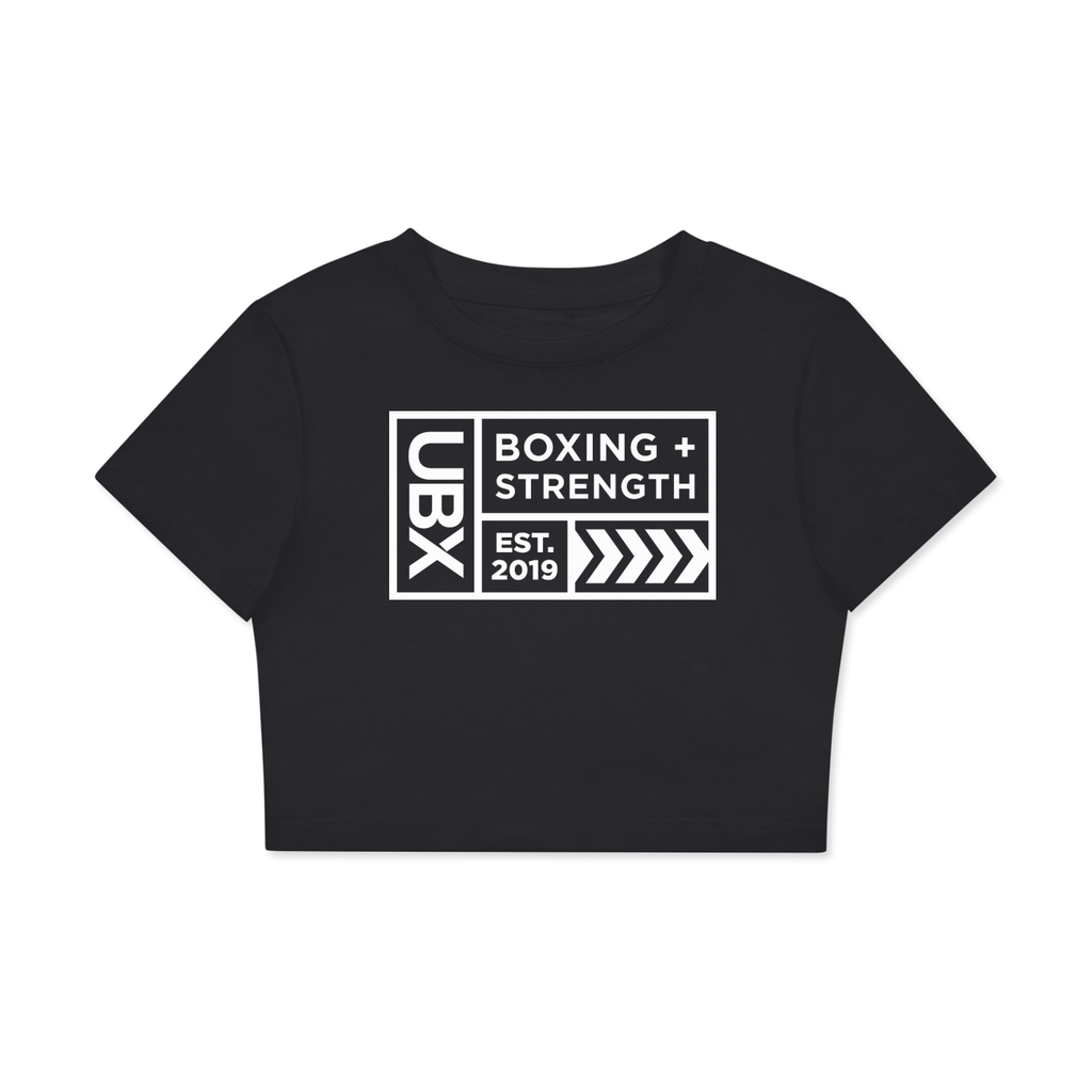 UBX Baseline Crop Top Dark Print Lucent White — front view flat lay