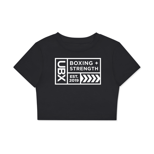 UBX Baseline Crop Top Dark Print Lucent White — front view flat lay