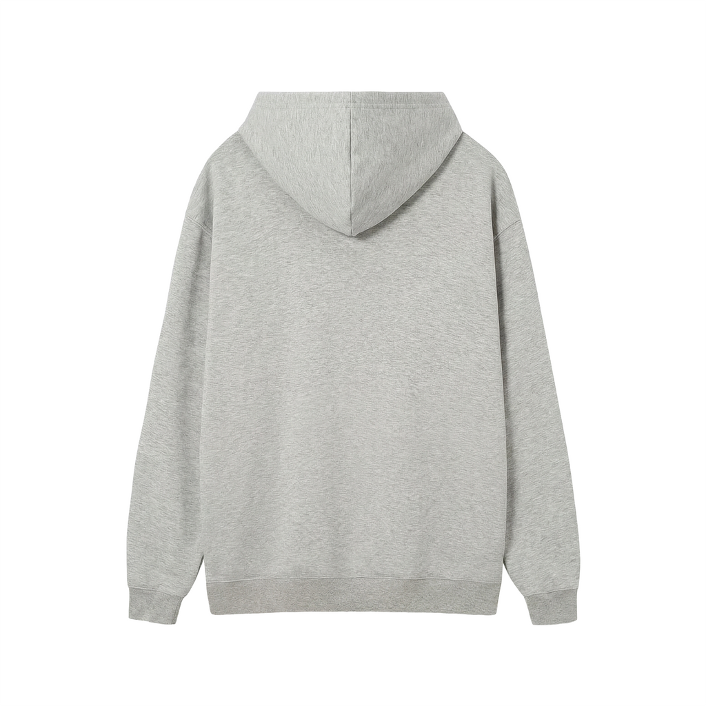 UBX Baseline Fleece Hoodie Dark Print Flour Gray — back view flat lay