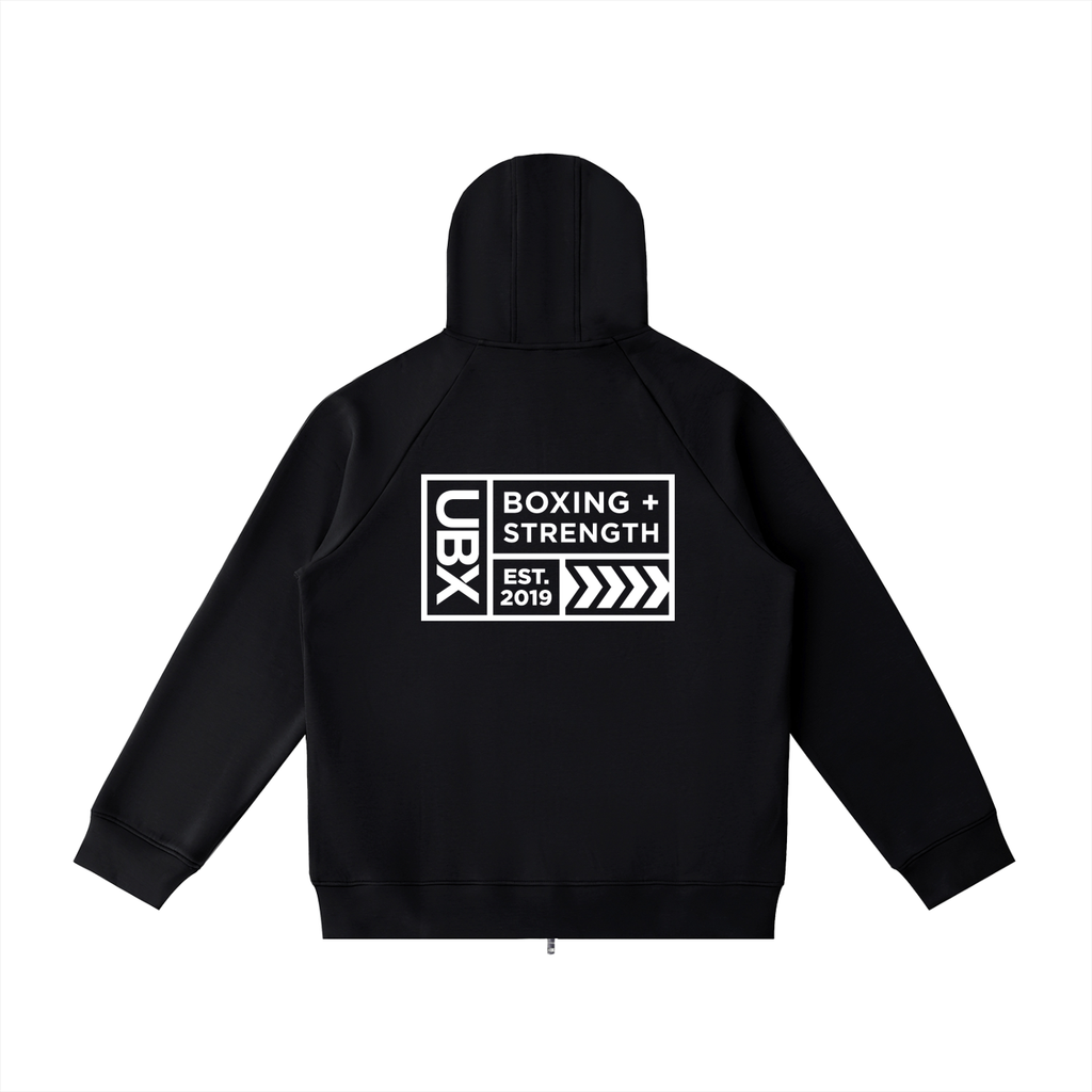 UBX Baseline Zip Hoodie Black — back flat lay closer crop showing UBX patch print