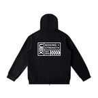 UBX Baseline Zip Hoodie Black — back flat lay closer crop showing UBX patch print