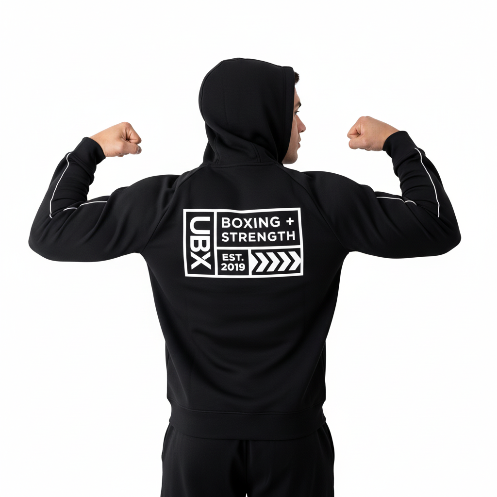 UBX Baseline Zip Hoodie Black — worn back view showing full UBX patch male model