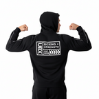 UBX Baseline Zip Hoodie Black — worn back view showing full UBX patch male model