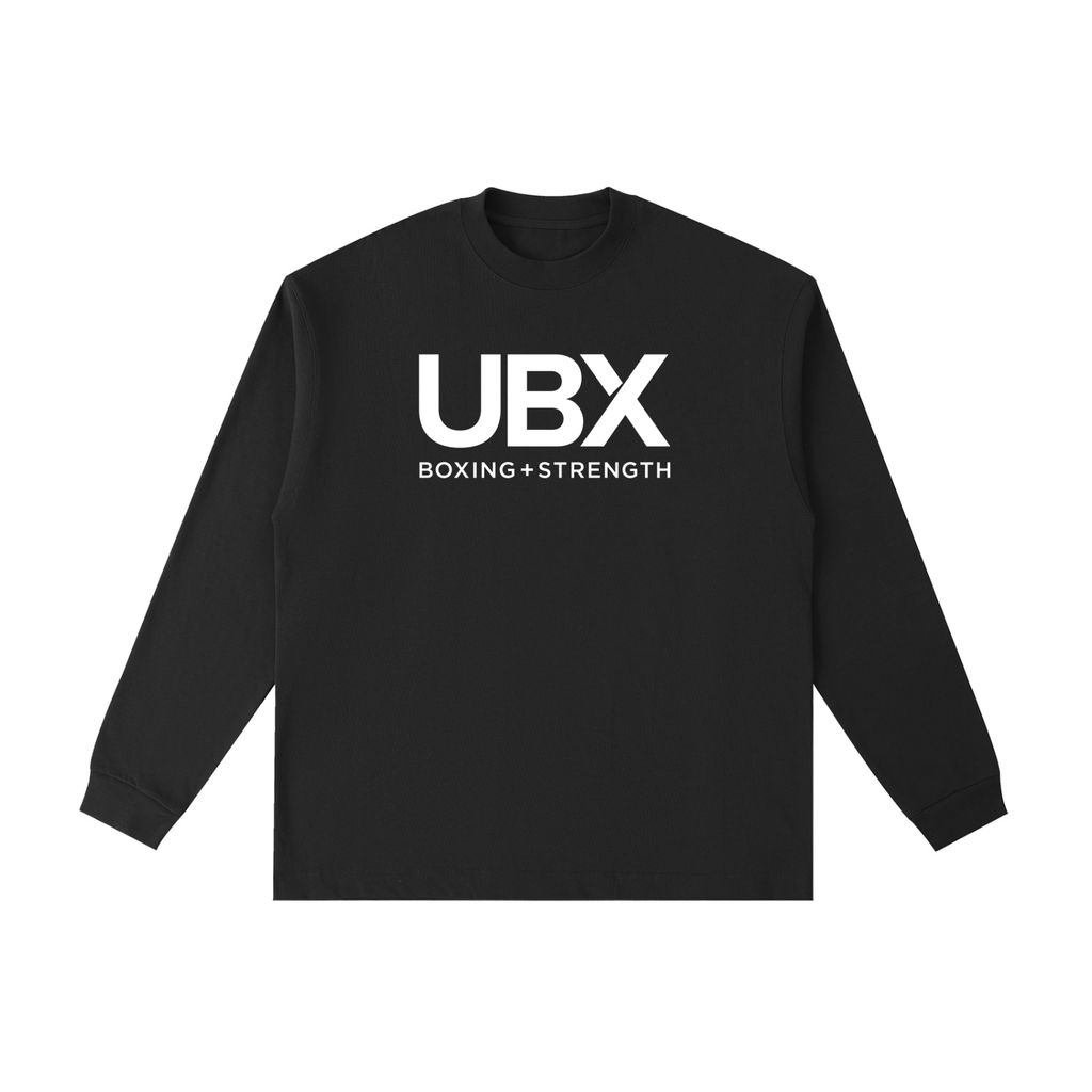 UBX Classic Crewneck Sweater Black — front view flat lay large UBX Boxing+Strength print