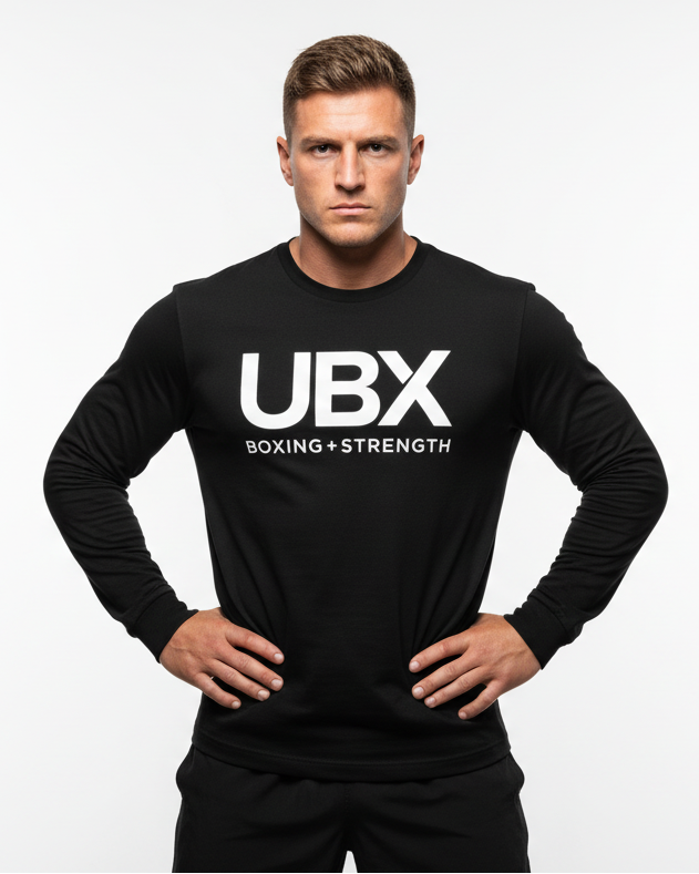UBX Classic Long Sleeve T-Shirt Black — worn close-up front view male model