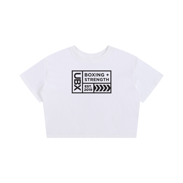 UBX Baseline Baby Tee Dark Print White — front view flat lay