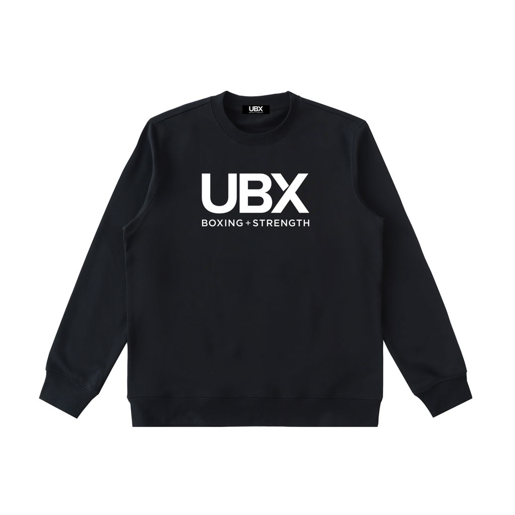 UBX Classic Crewneck Sweater Black — front view flat lay large UBX Boxing+Strength print
