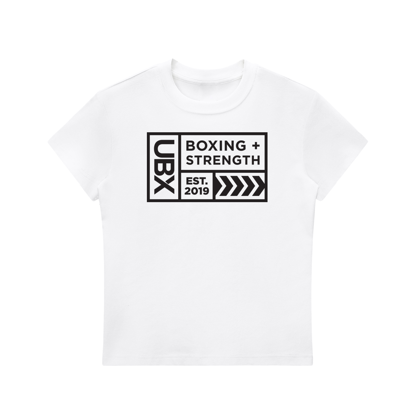 UBX Baseline Women's Bodycon T-Shirt Dark Print White — front view flat lay