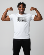 UBX Baseline Cotton T-Shirt Dark Print Lucent White — worn front view arms flexed