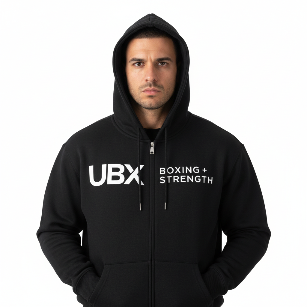Black hoodie with UBX branding on a white background