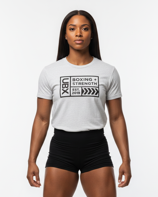 UBX Baseline Cotton T-Shirt Dark Print Flour Gray — worn front view female model