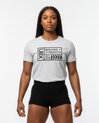 UBX Baseline Cotton T-Shirt Dark Print Flour Gray — worn front view female model