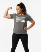 UBX Baseline Cotton T-Shirt Light Print Charcoal Gray — worn front view female model