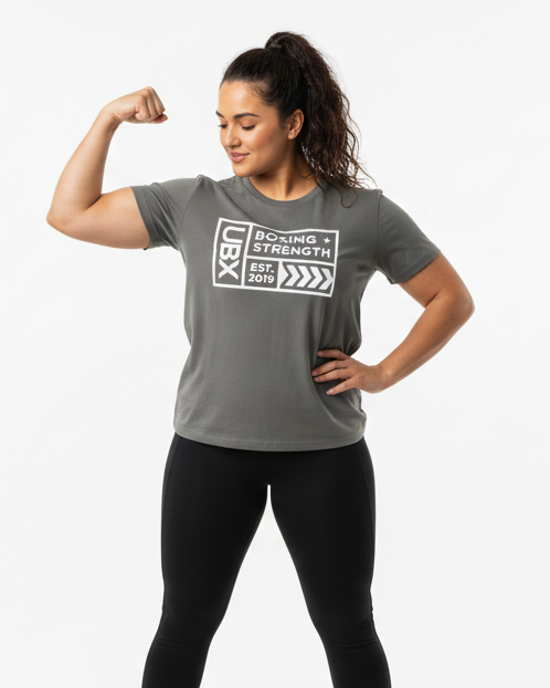 UBX Baseline Cotton T-Shirt Light Print Charcoal Gray — worn front view female model