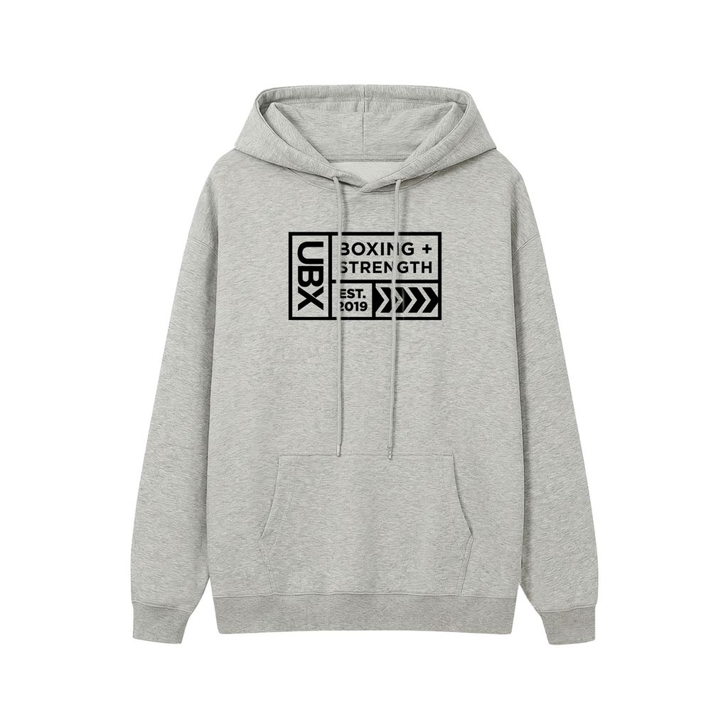 UBX Baseline Fleece Hoodie Dark Print Flour Gray — front view flat lay