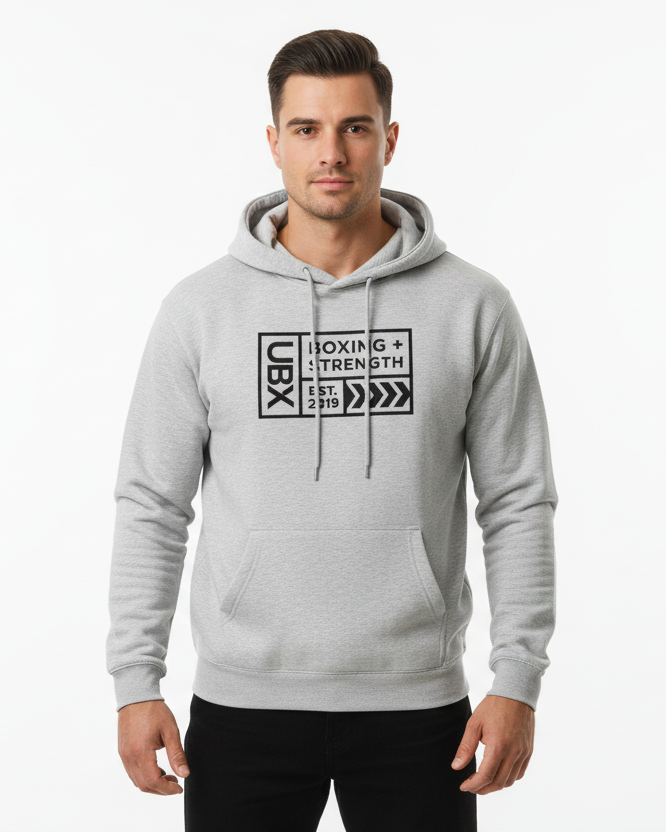 UBX Baseline Fleece Hoodie Dark Print Flour Gray — worn front view male model in studio