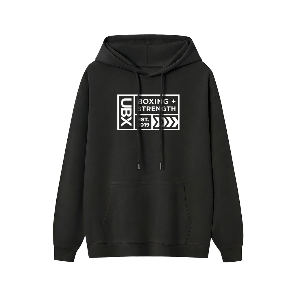 UBX Baseline Fleece Hoodie Light Print Black — front view flat lay
