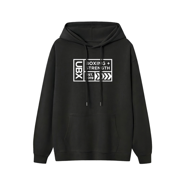 UBX Baseline Fleece Hoodie Light Print Black — front view flat lay