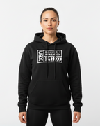 UBX Baseline Fleece Hoodie Light Print Black — front view worn by female model