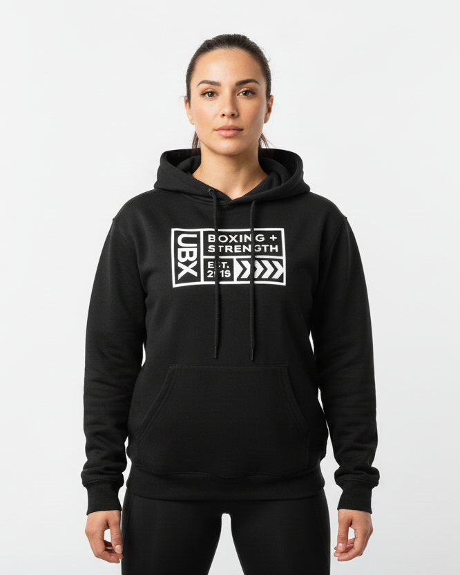 UBX Baseline Fleece Hoodie Light Print Black — front view worn by female model