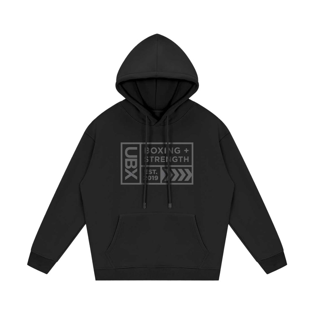 UBX Baseline Fleece Hoodie Dark on Dark Black — front view flat lay tonal print