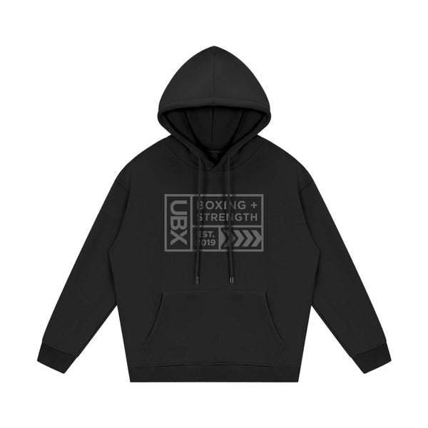 UBX Baseline Fleece Hoodie Dark on Dark Black — front view flat lay tonal print