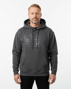 UBX Baseline Fleece Hoodie Dark on Dark Dark Gray — worn front view male model close-up