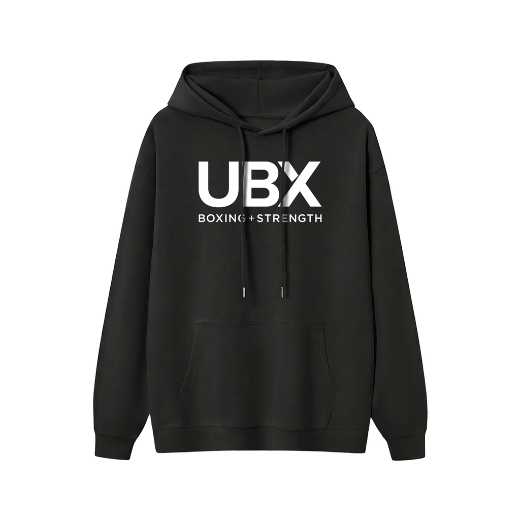UBX Classic Pullover Hoodie Black — front view flat lay UBX Boxing+Strength print