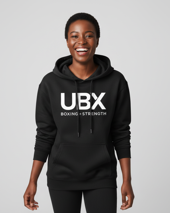 UBX Classic Pullover Hoodie Black — worn front view female model smiling