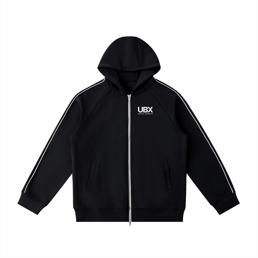 UBX Baseline Zip Hoodie Black — front view flat lay raglan sleeves visible