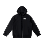 UBX Baseline Zip Hoodie Black — front view flat lay raglan sleeves visible