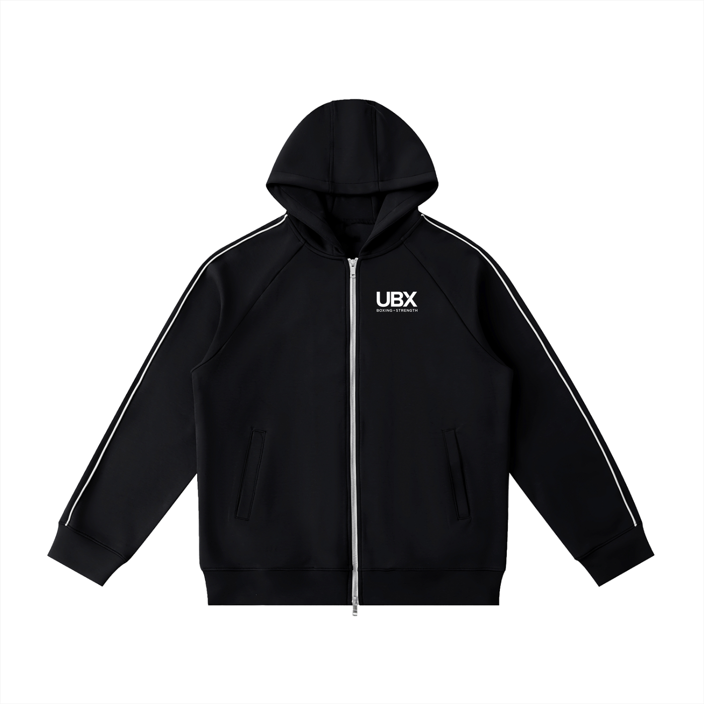 UBX Baseline Zip Hoodie Black — front view flat lay raglan sleeves visible