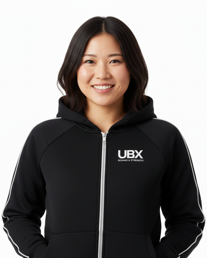 UBX Baseline Zip Hoodie Black — worn front view female model