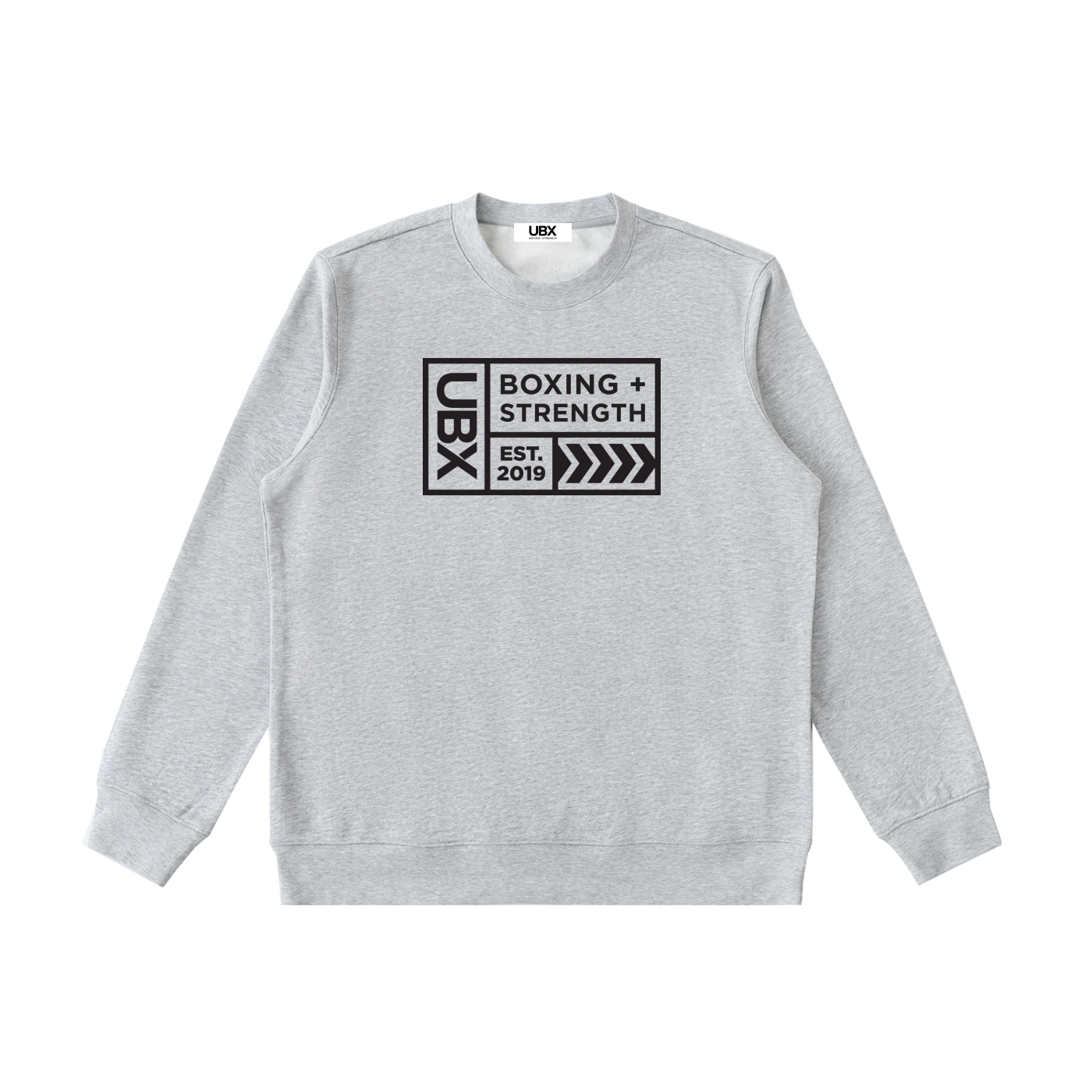 UBX Baseline Crewneck Sweater Dark Print Flour Gray — front view flat lay