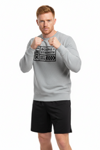 UBX Baseline Crewneck Sweater Dark Print Flour Gray — worn front view male model in studio