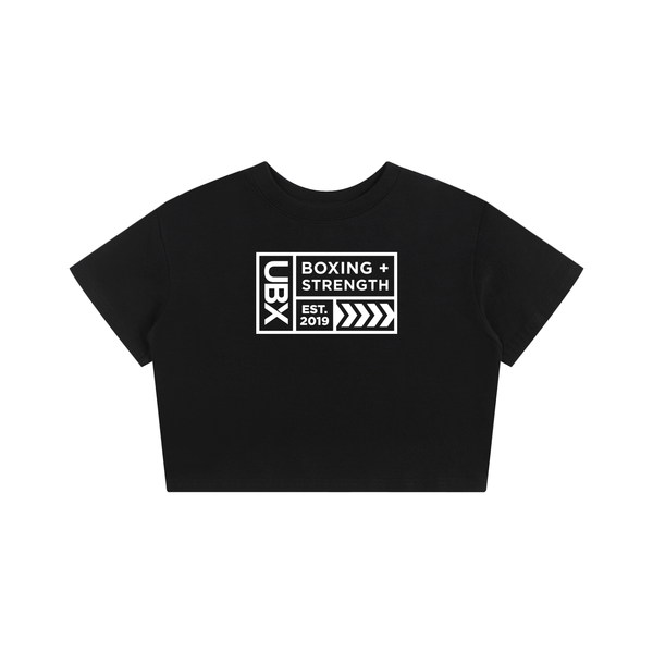 UBX Baseline Baby Tee Light Print Black — front view flat lay cropped length