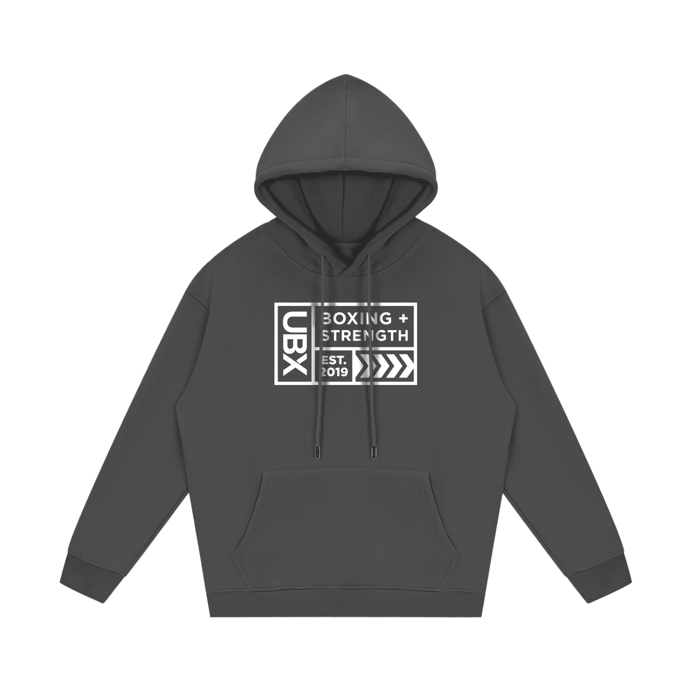 UBX Baseline Fleece Hoodie Light Print Dark Gray — front view flat lay